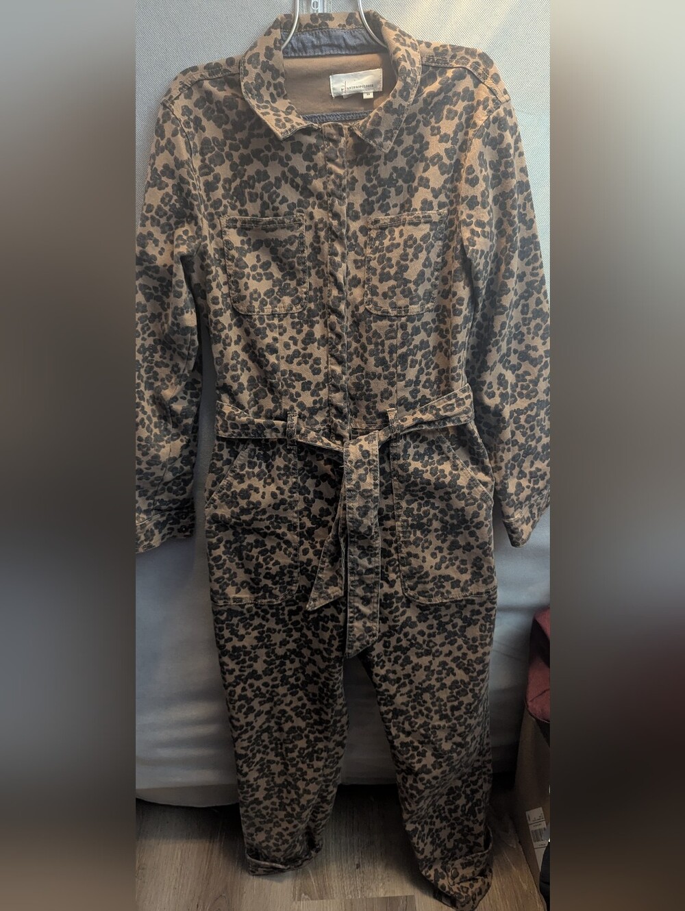 Anthropologie Leopard Printed Denim Utility Jumpsuit W/ Belt - Picture 3 of 8